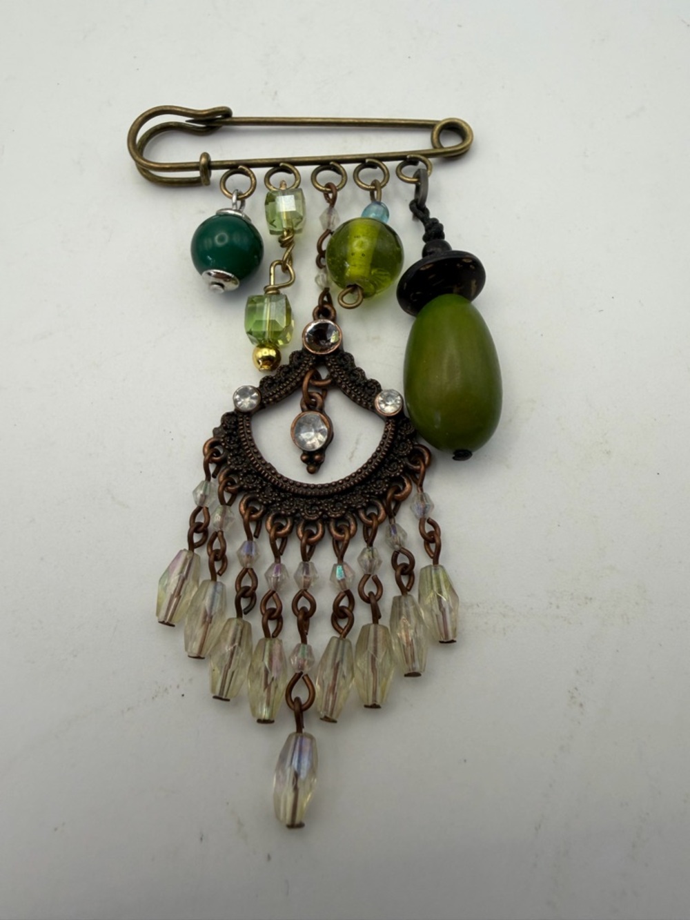 Field Green Bead and Bronze Rhinestone Fringe Safety Kilt Pin Brooch